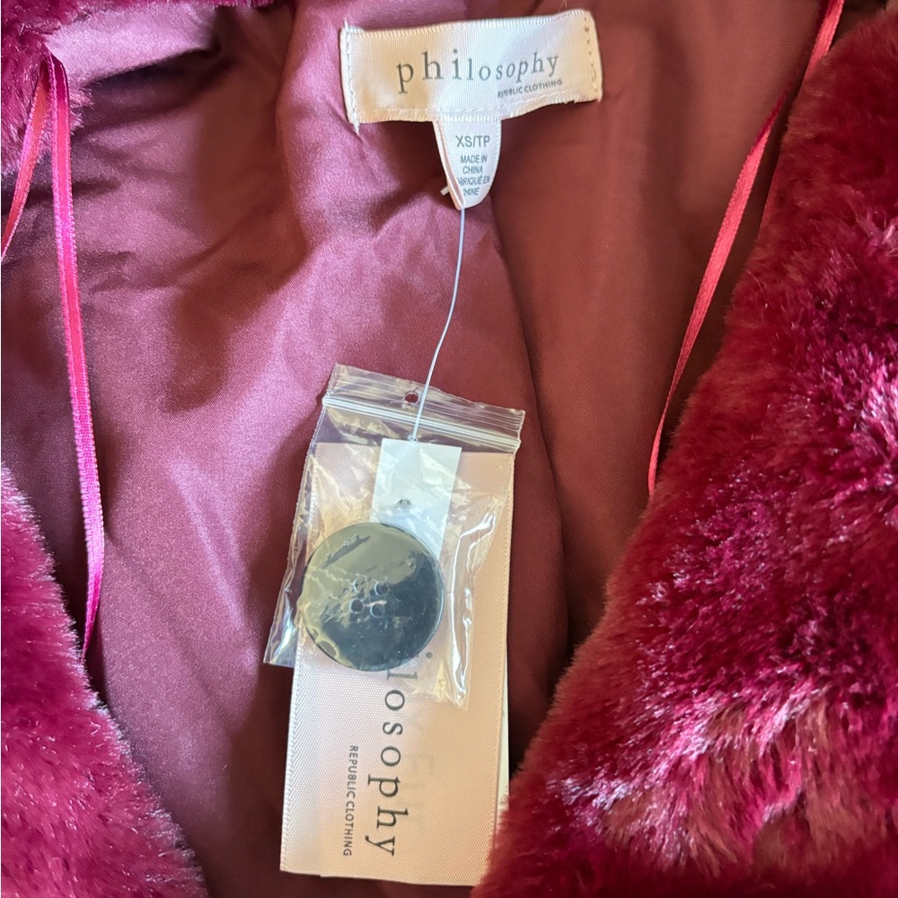 NWT Philosophy Woman’s XS Luxurious Faux Fur Burgundy Coat - Picture 5 of 7